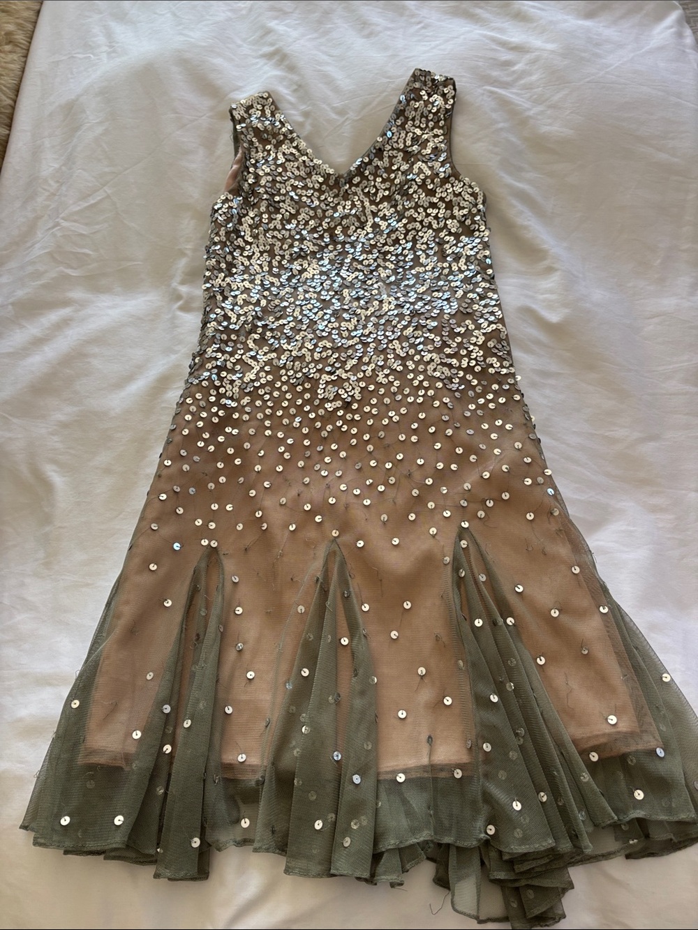 Us Angels Olive Sequin V-Neck Midi Dress